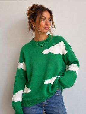 Isalis Cloud in The Sky Green White Clouds Crewneck Fun Eclectic Sweater